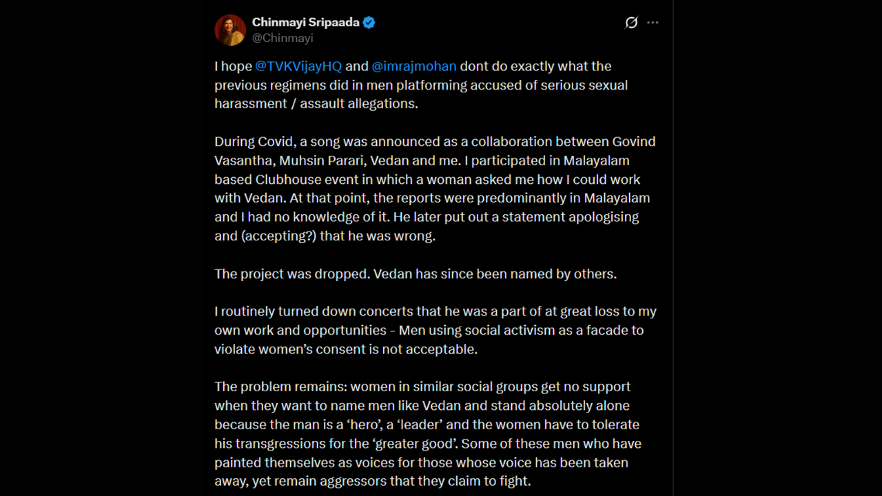 Gallery - Chinmayi Sripaada Cautions Tamil Nadu Chief Minister Vijay Regarding the Promotion of Me Too Accused Rapper Vedan | Zoom TV - image 1