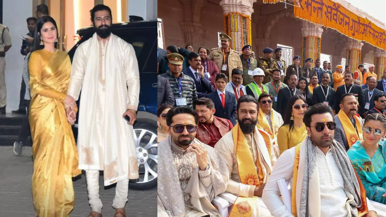 Katrina Kaif Stuns In Golden Silk Saree, Vicky Kaushal In Sherwani, As They Attend Ayodhya's Ram Mandir Inauguration