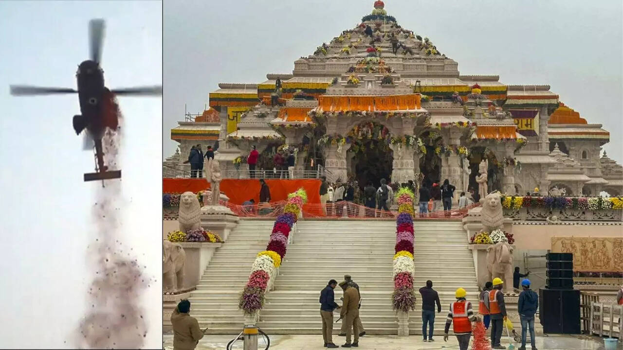 Army helicopters Showers Flowers on Ayodhya During Ram Mandir's Pran Pratishtha Ceremony