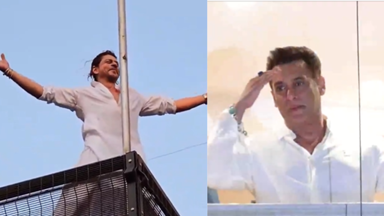 Shah Rukh Khan Showers Flying Kisses, Salman Khan Waves At Sea Of Fans Gathered Outside Home On Eid - WATCH