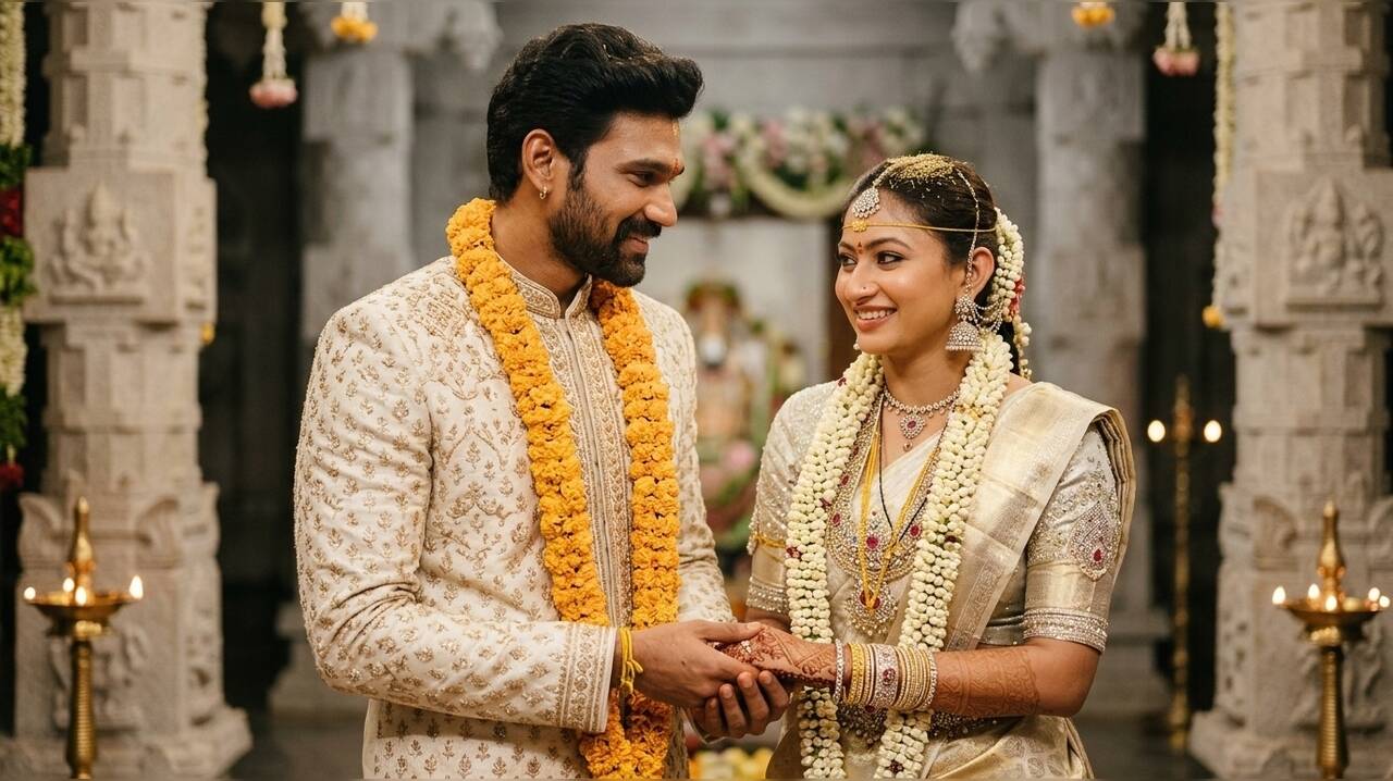 Bellamkonda Sai Sreenivas marries Kavya Reddy in Tirumala; First images from the ceremony showcase the couple's elegant appearance.