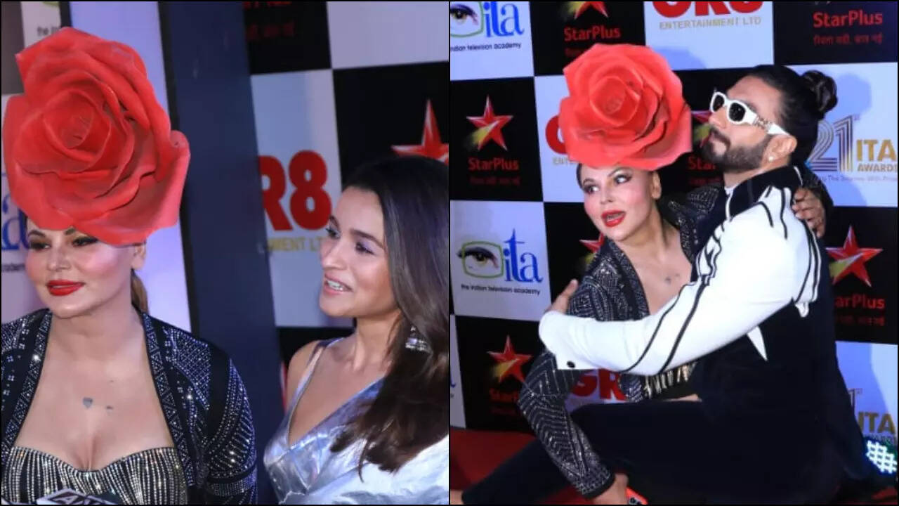 Rakhi Sawant poses with Alia, Ranveer at red carpet of ITA Awards