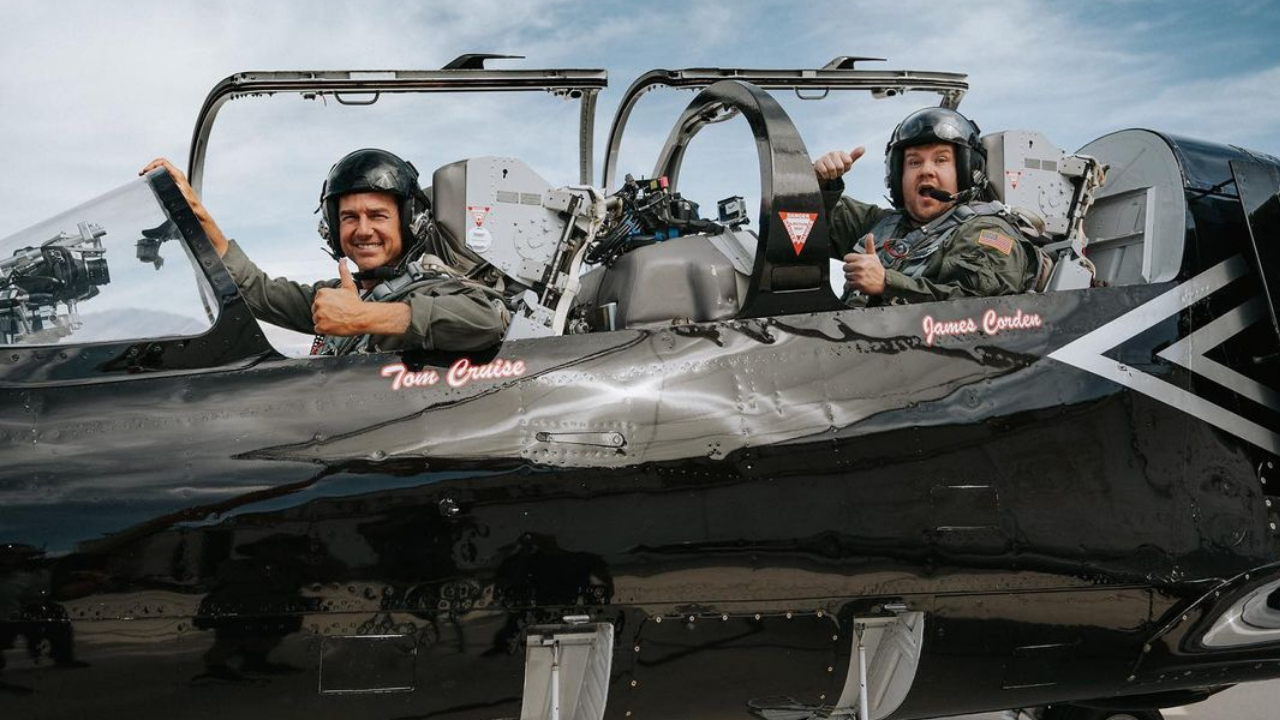 Tom Cruise and James Corden inside a plane