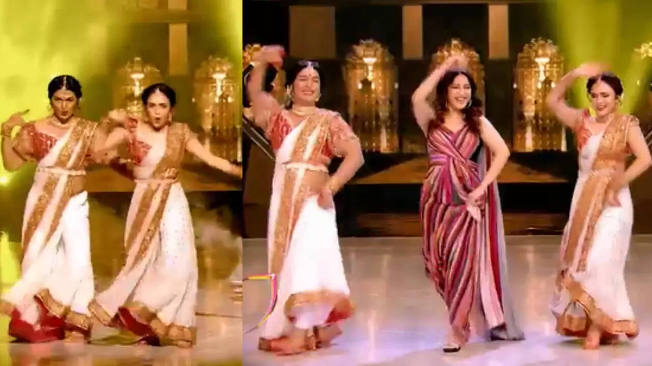 Madhuri Dixit dances to Dola Re Dola along with Amruta Khanvilkar and Ashish Patil in an upcoming episode of Jhalak Dikhhla Jaa. Pic Credit : Instagram