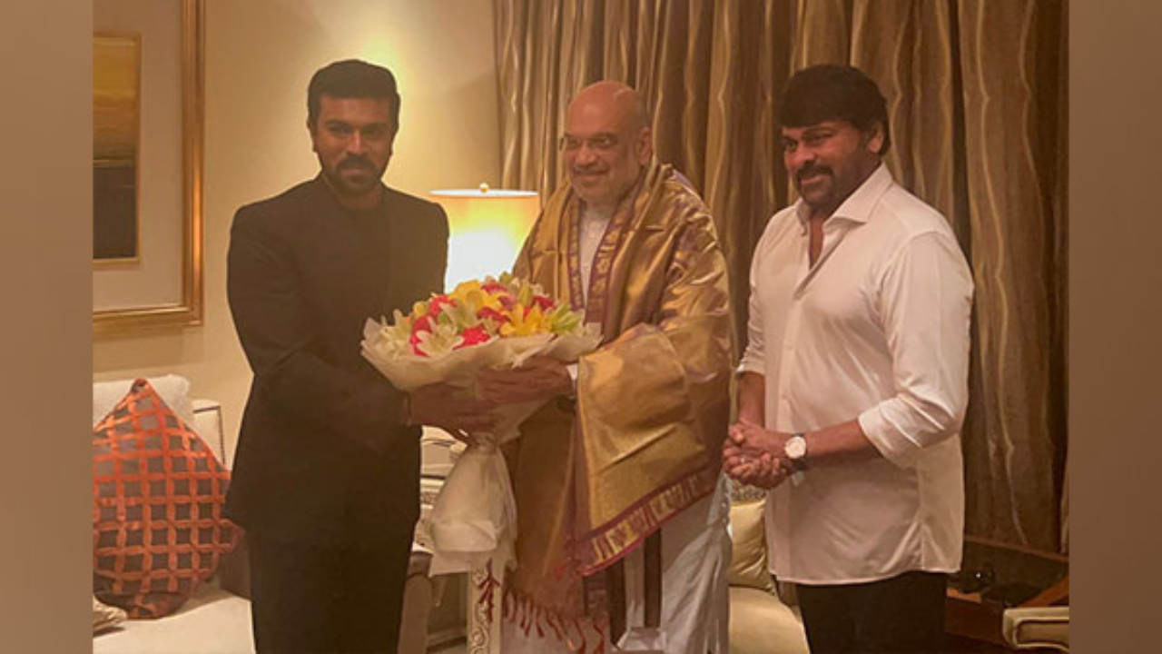 RRR star Ram Charan, Chiranjeevi meet Amit Shah in New Delhi after Naatu Naatu Oscar win  (credits: ANI)